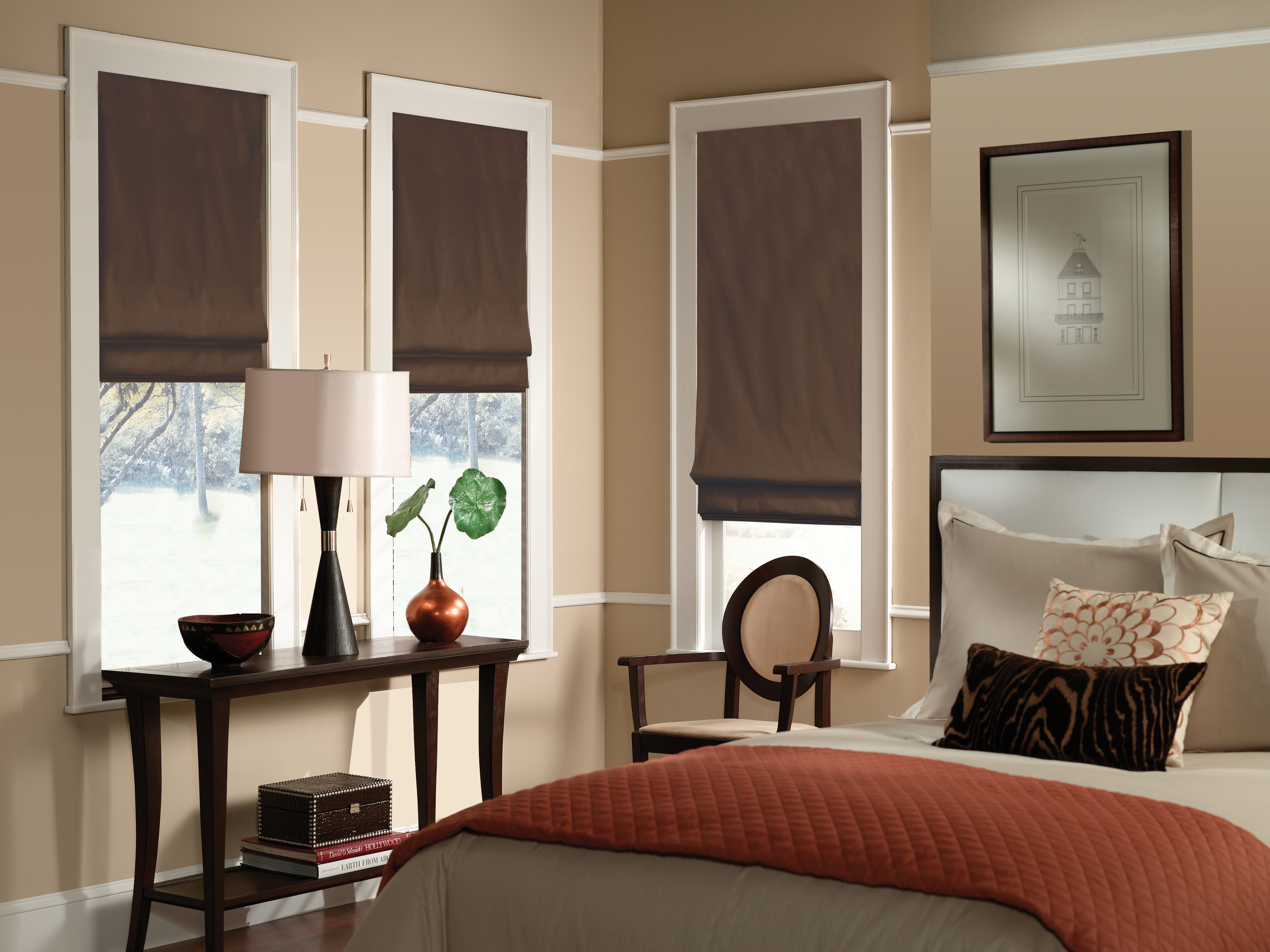 brown roman shades in bedroom